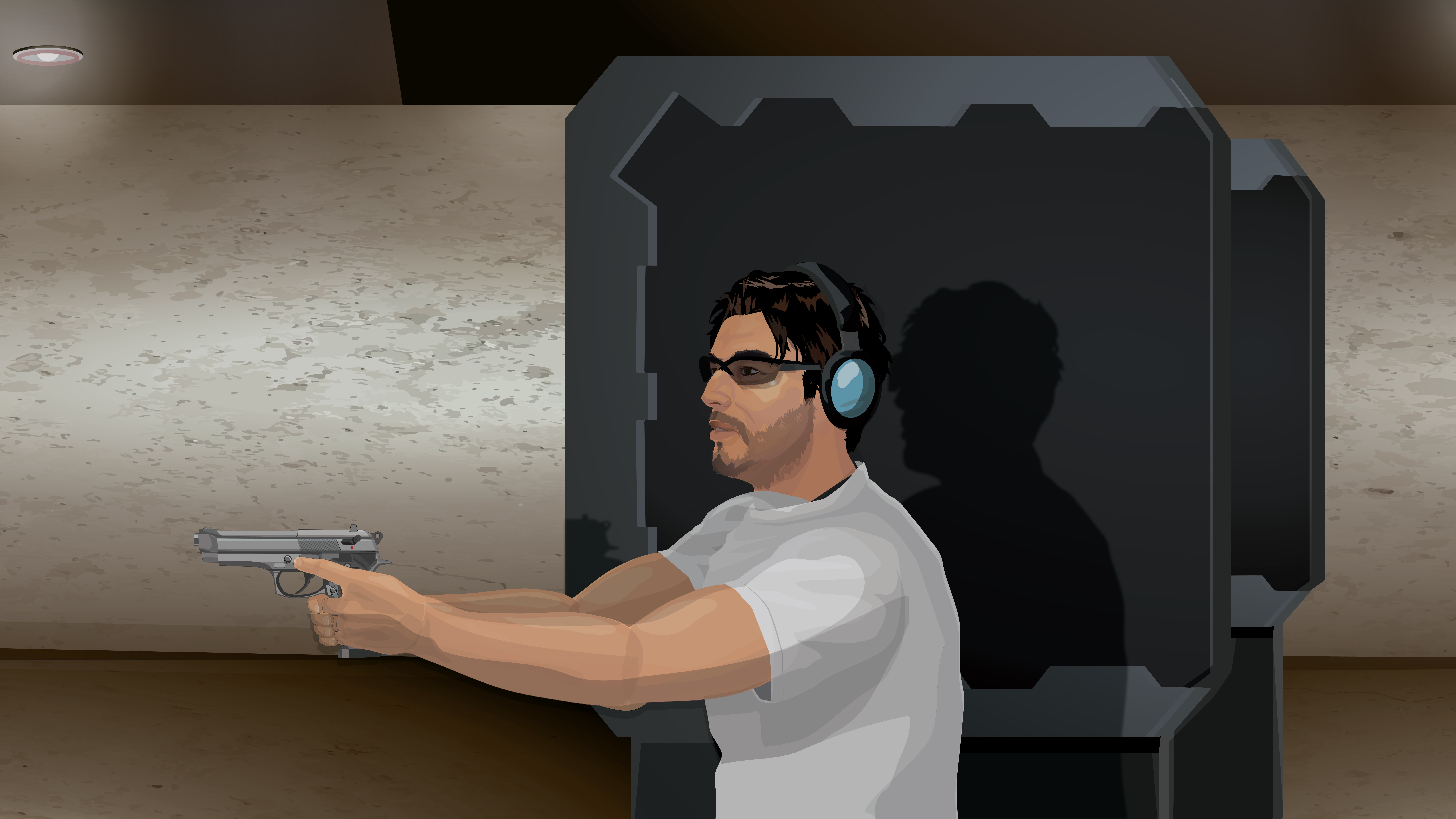 Illustration of a man in a one handed handgun stance at a shooting range.