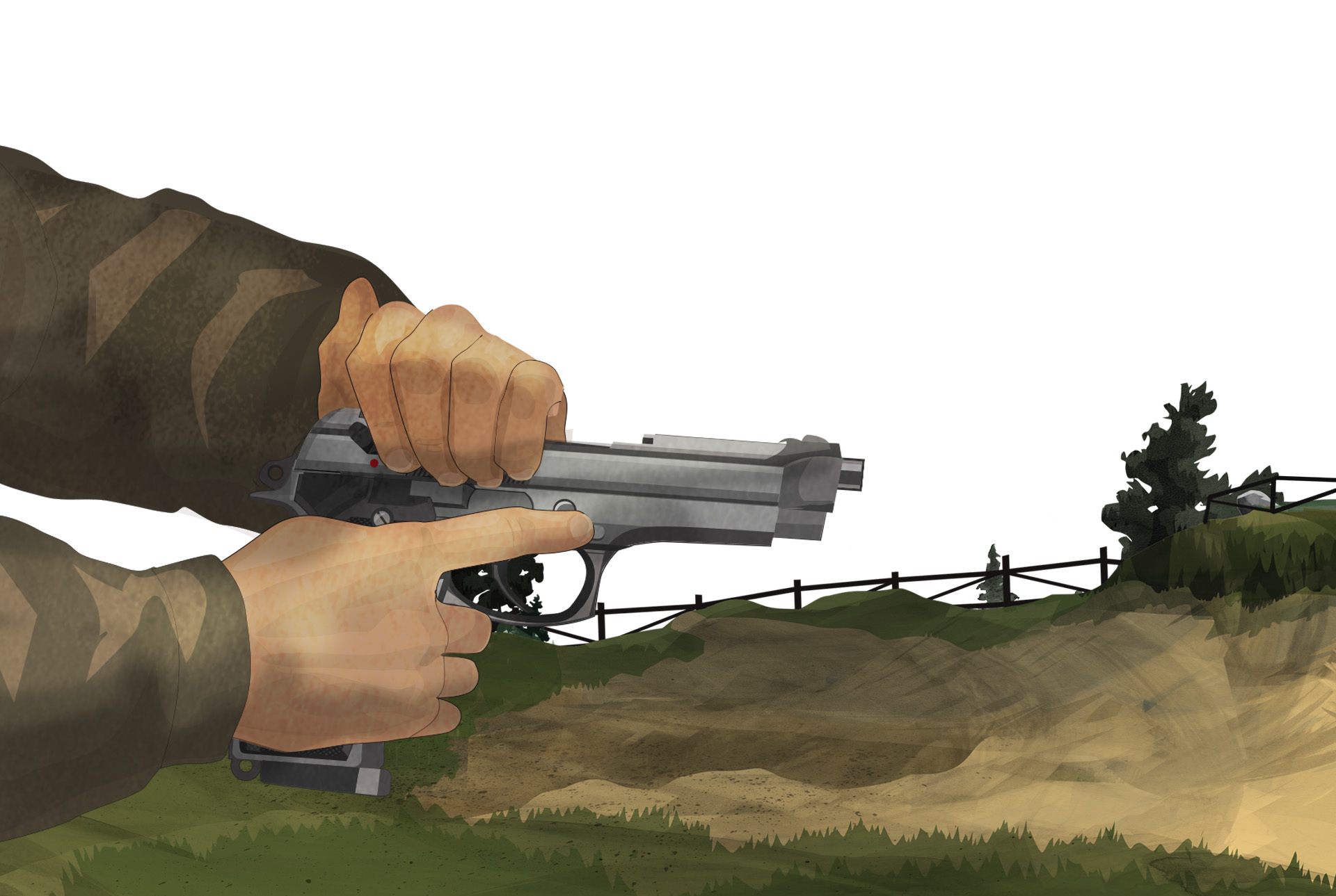 Illustration of a man in a two handed handgun stance at a shooting range.